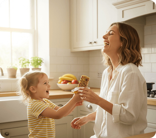 A mother and daughter sharing a Mom's Handful nutribar in the kitchen
