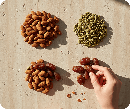 Fresh almonds, cardamom, and dates laid out on a kitchen counter