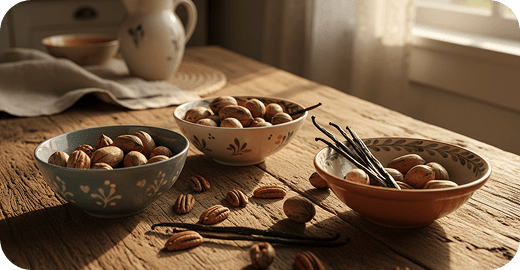 Bowls of roasted nuts on a rustic wooden table
