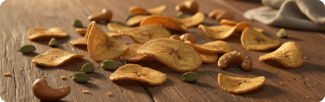 Nendran banana chips, cashews and cardamom scattered on a wooden table