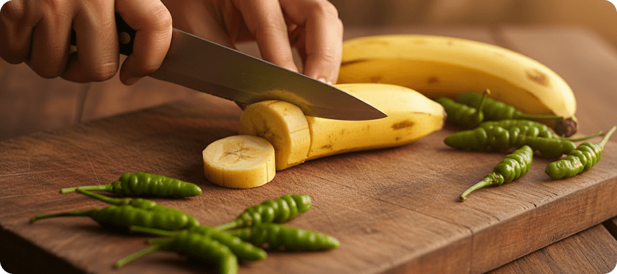 Slicing a Nendran banana on a wooden board