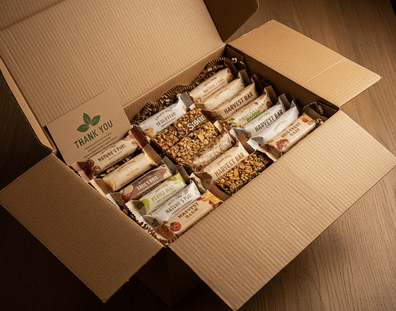 An open shipping box packed with Mom's Handful snack bars