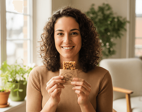 A mother holding a handful of freshly made snacks