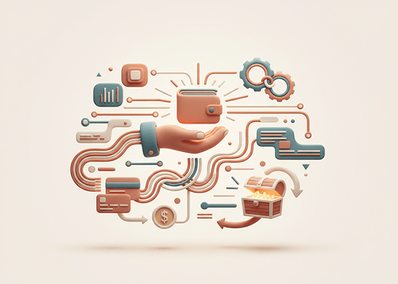 Illustration of a hand tracing a refund flow through icons